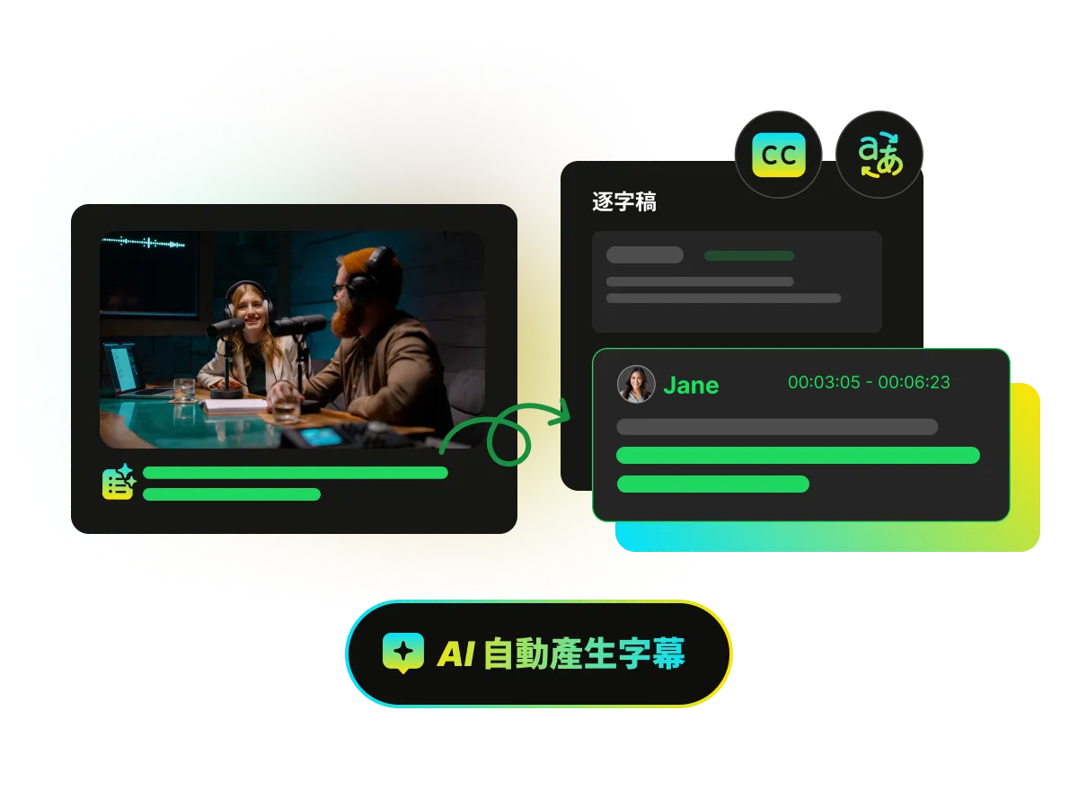 WayinVideo 的 AI 生成字幕示意,影片播放器連結到精準且附時間戳的逐字稿。
